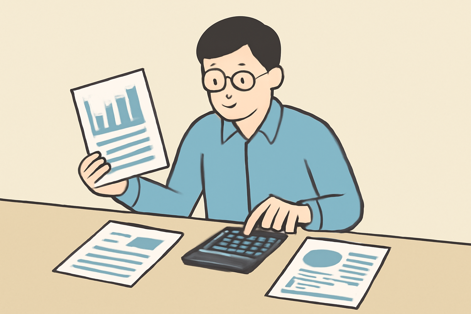 A financial analyst examining spreadsheets and printed financial statements with charts and graphs, using a calculator.