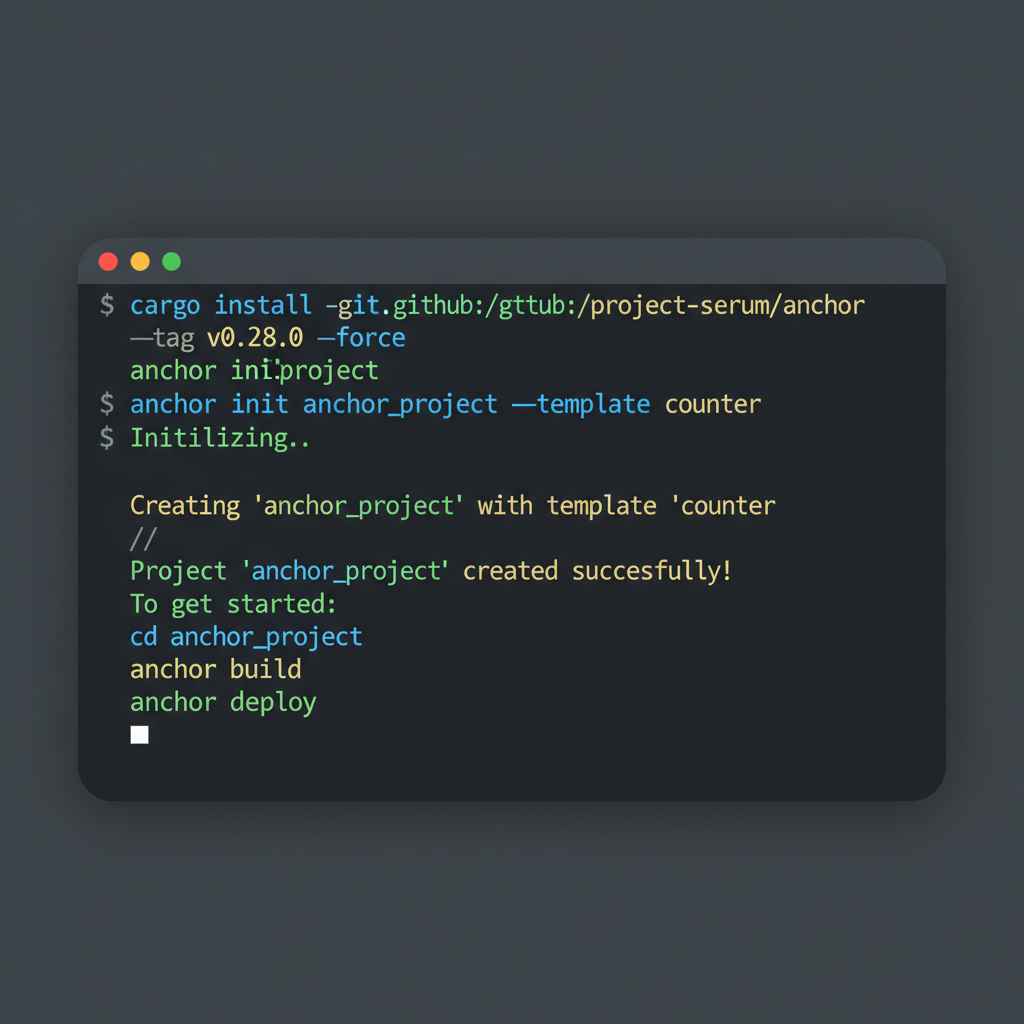 terminal screen initializing Anchor project on Solana, code syntax highlighted, clean dark theme