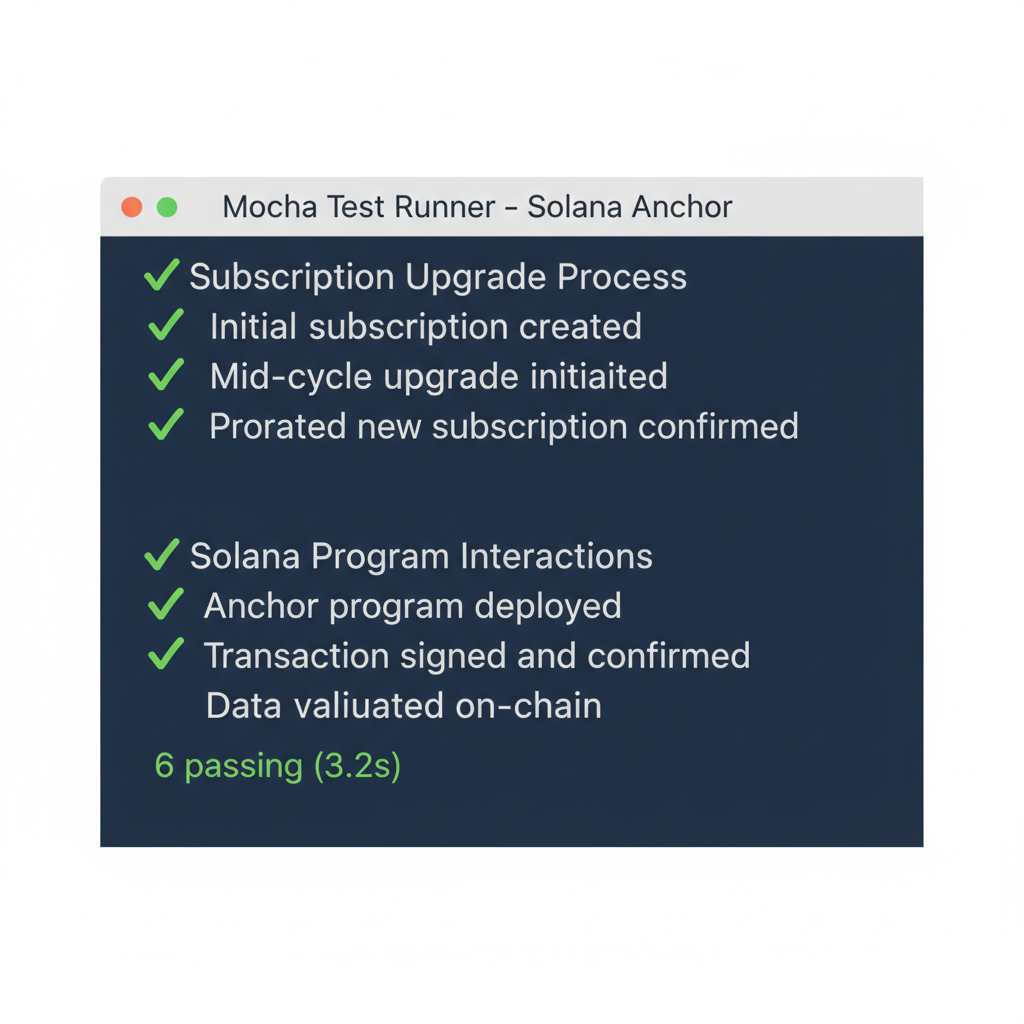 Mocha test suite running Solana Anchor tests for mid-cycle subscription upgrade
