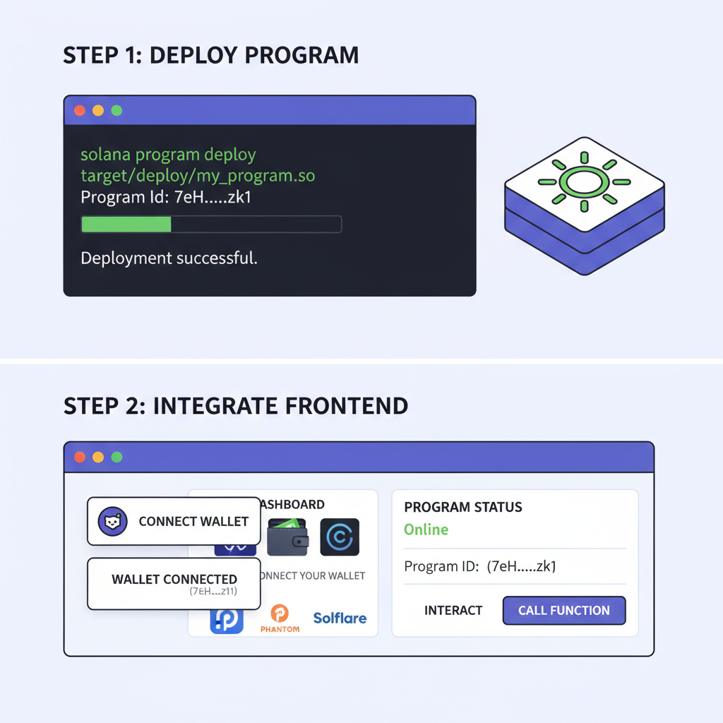 Solana program deployment terminal and frontend integration dashboard with wallet connect