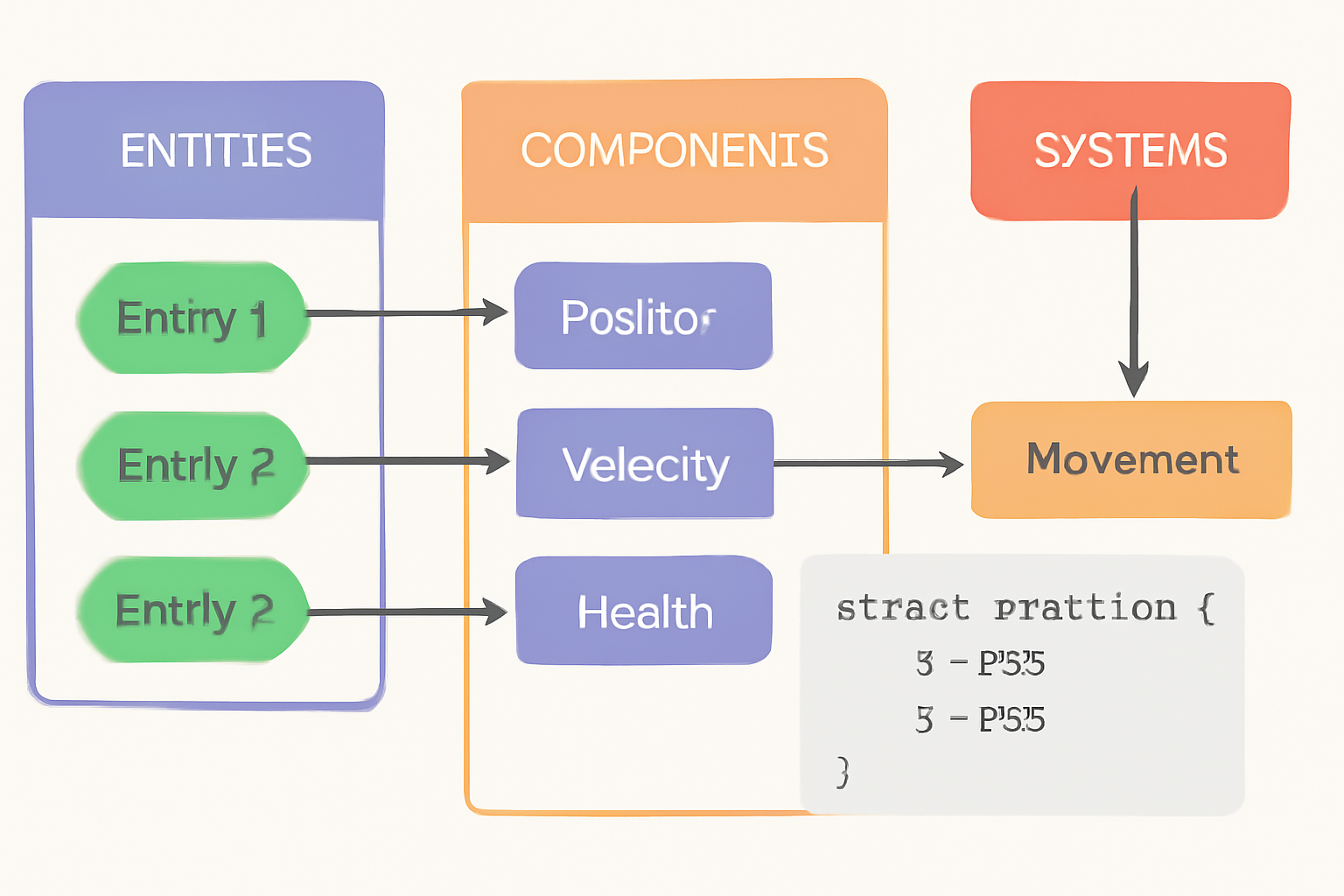A visual diagram of entities, components, and systems interconnected, with code snippets showing a Position component schema.