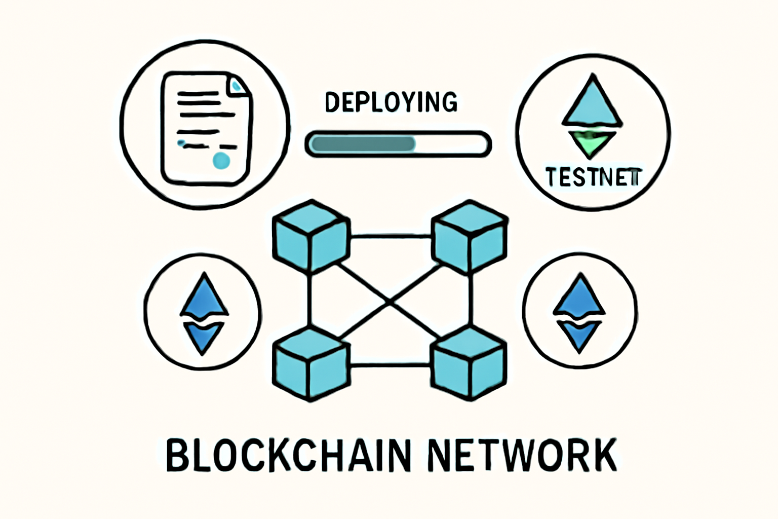 A blockchain network illustration with a contract being deployed onto a testnet, showing a progress bar and testnet ETH icons.