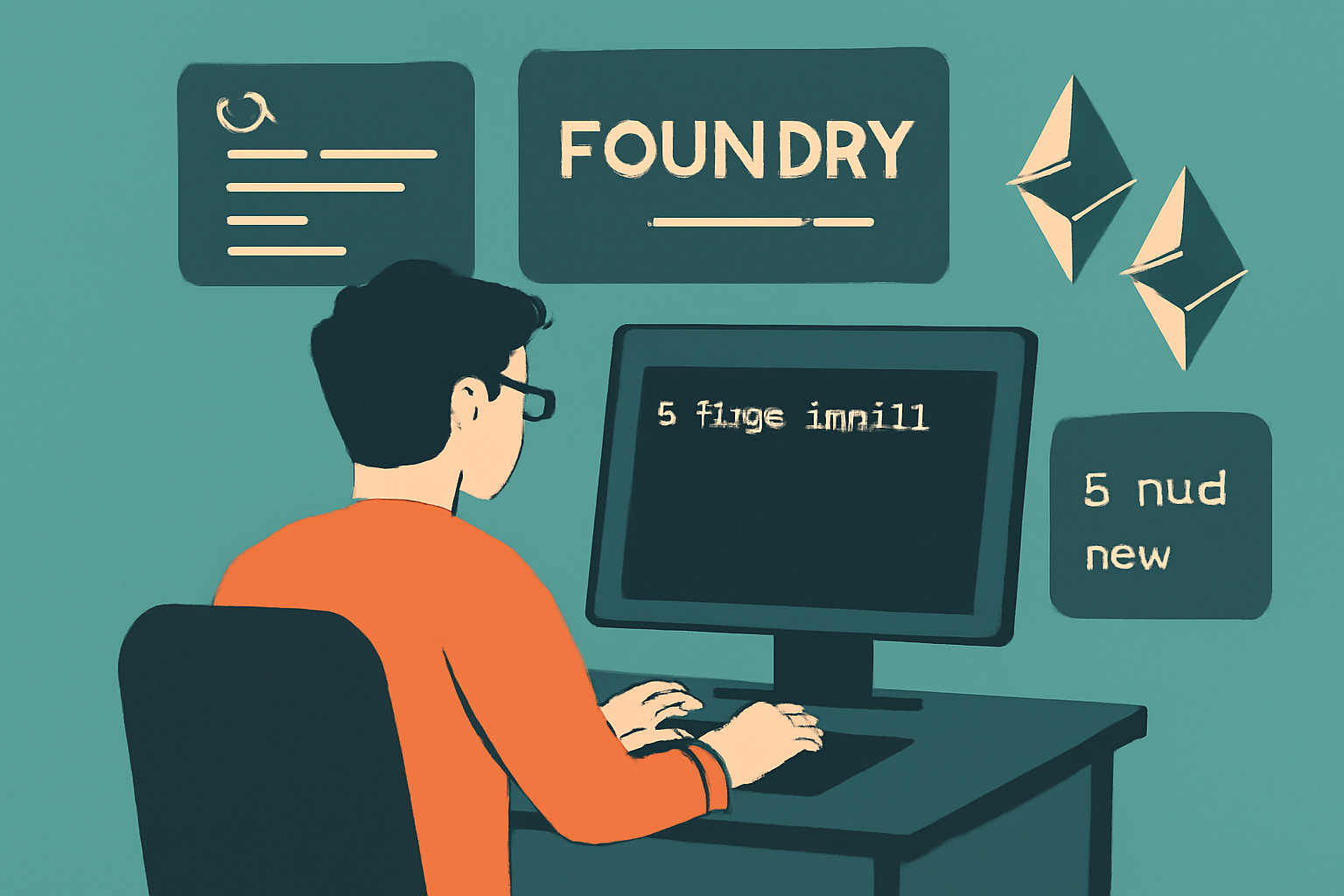 A developer at a computer terminal, installing Foundry and initializing a new MUD project, with code snippets and Ethereum logos in the background.