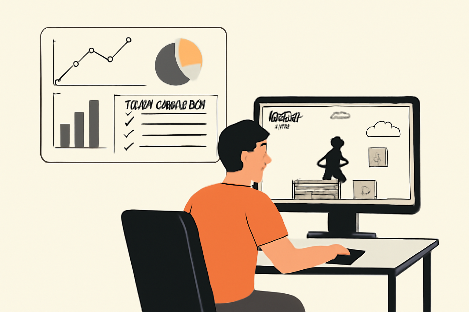 A dashboard with charts and logs, a developer reviewing test results, and a game interface being refined.
