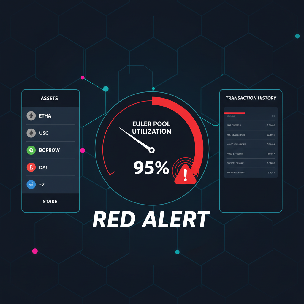 DeFi dashboard with Euler pool utilization gauge at 95%, red alert, dark tech theme