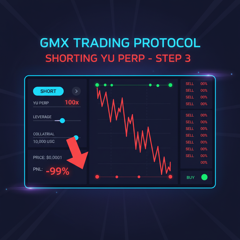 GMX trading interface shorting YU perp, leverage sliders, price chart crashing, neon cyberpunk