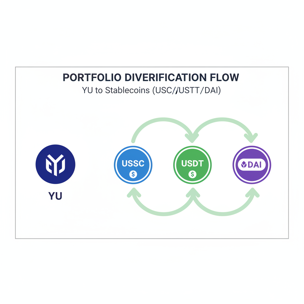 Portfolio diversification chart, YU to USDC/USDT flow, stablecoin icons, green growth arrows