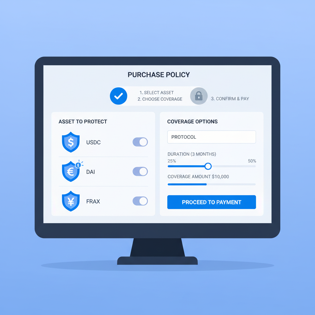 DeFi insurance protocol dashboard, policy purchase screen, shield icons protecting stablecoins