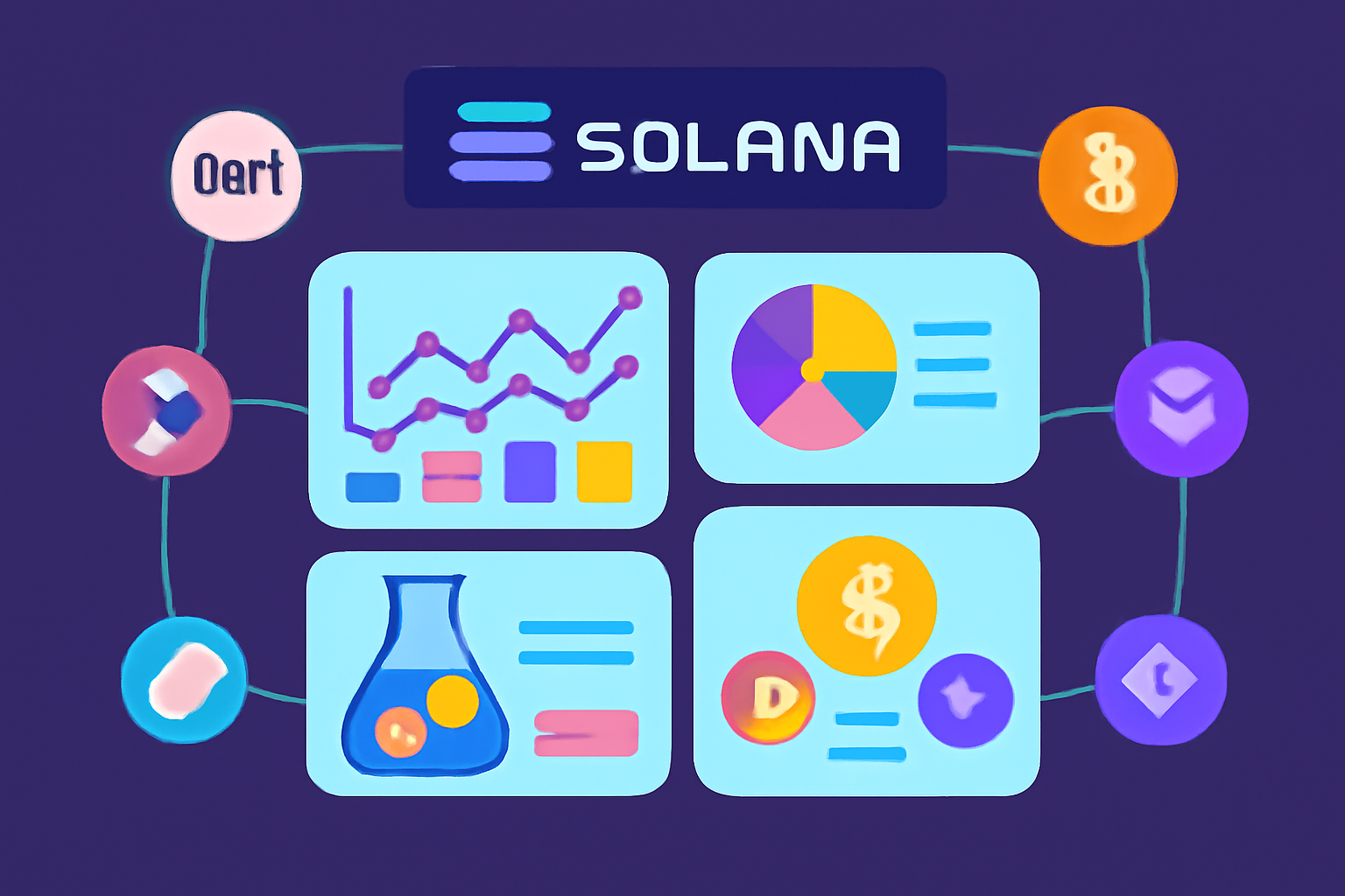 A vibrant DeFi dashboard with charts, liquidity pools, and various token icons, all connected by Solana branding.