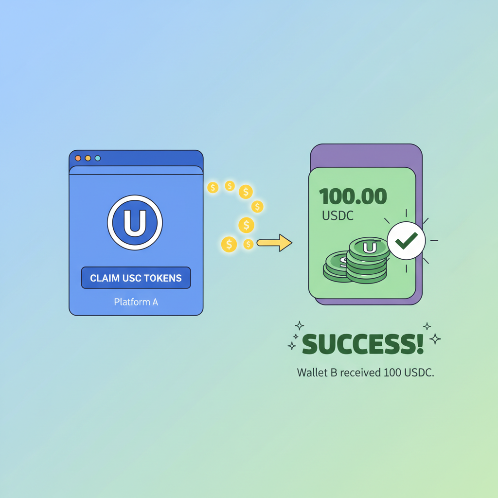 claiming USDC tokens from platform, wallet receiving coins, success animation