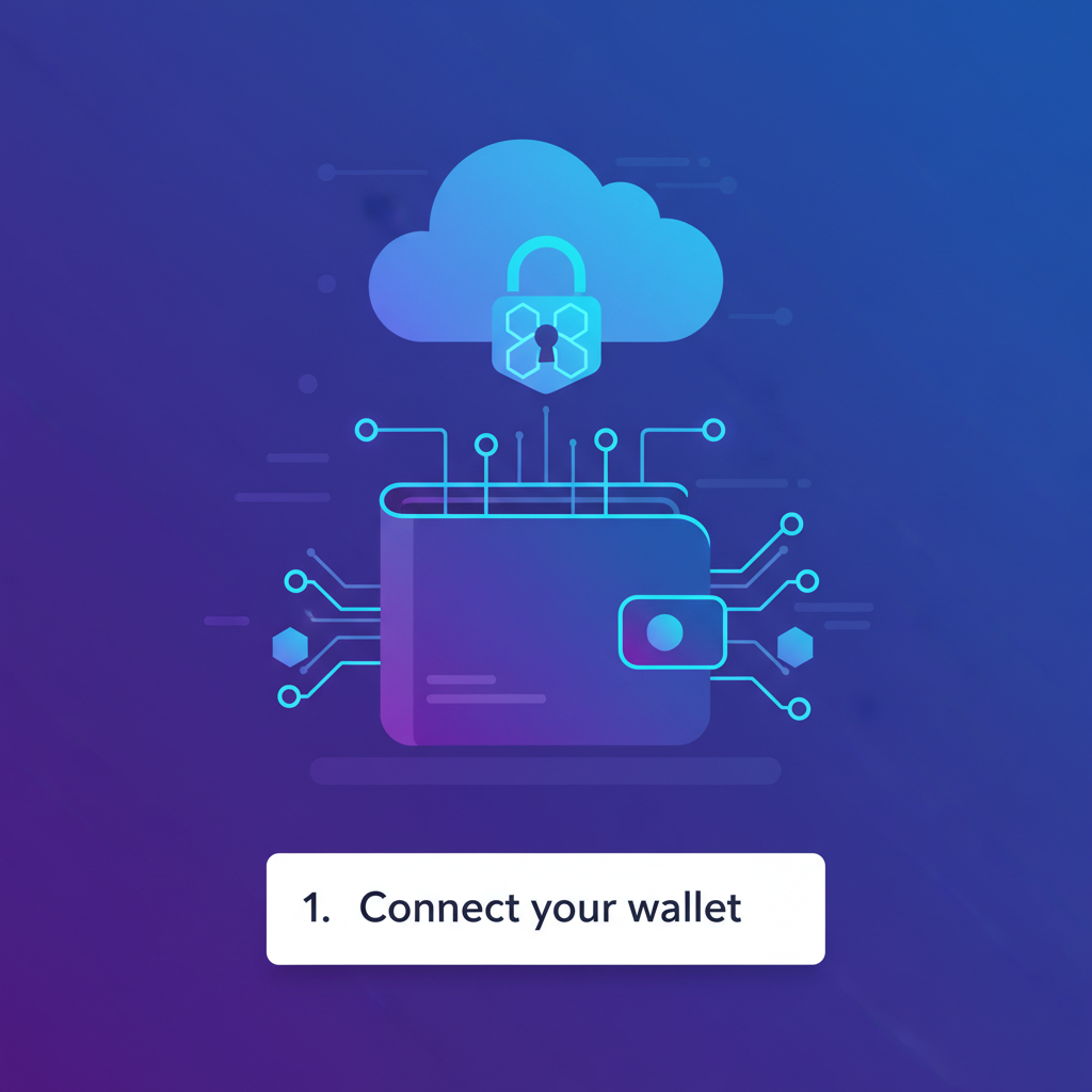 futuristic wallet connecting to blockchain platform, neon blues, secure lock icon