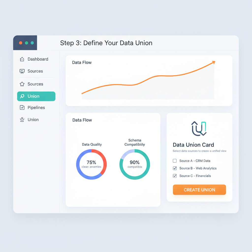 dashboard interface selecting data union card, modern UI, data graphs