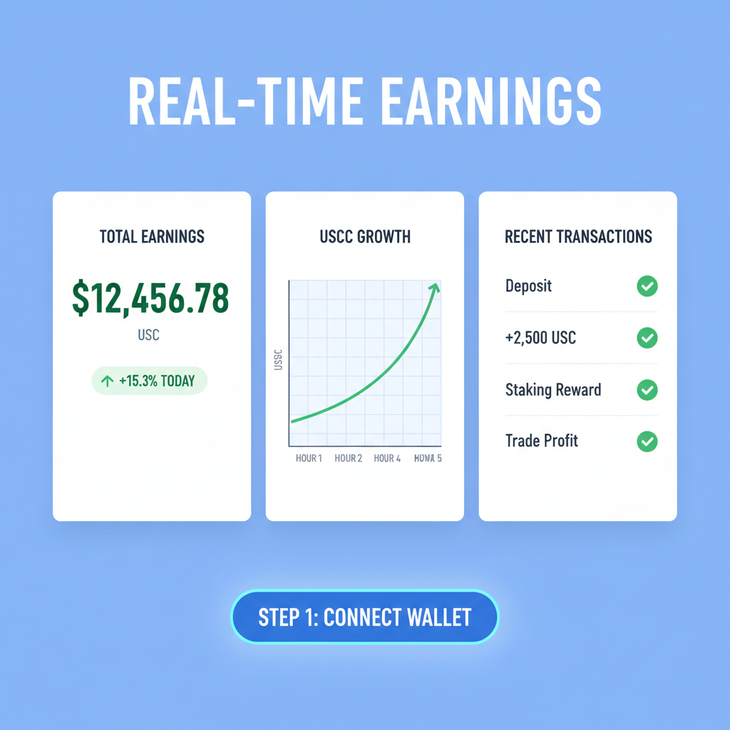 real-time earnings dashboard with USDC charts, rising graph