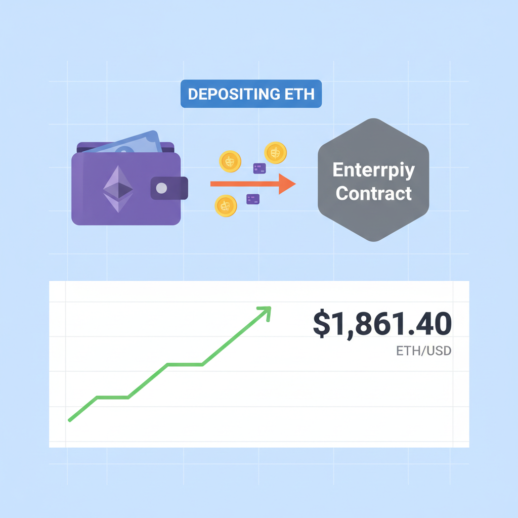 Ethereum wallet depositing ETH to EntryPoint contract, transaction animation, price chart showing $1,861.40