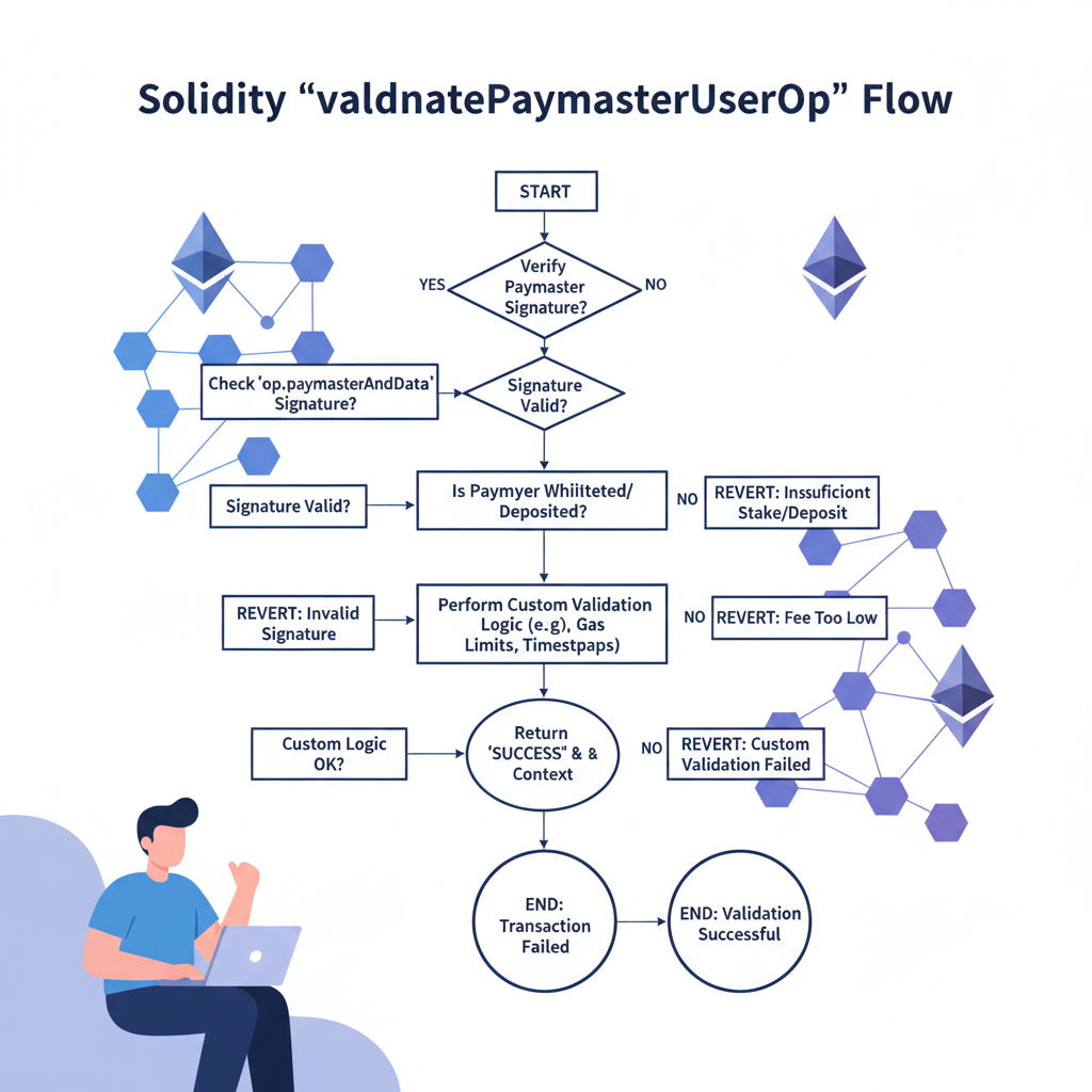 Developer implementing validatePaymasterUserOp function in Solidity, flowchart of validation logic, Ethereum nodes background