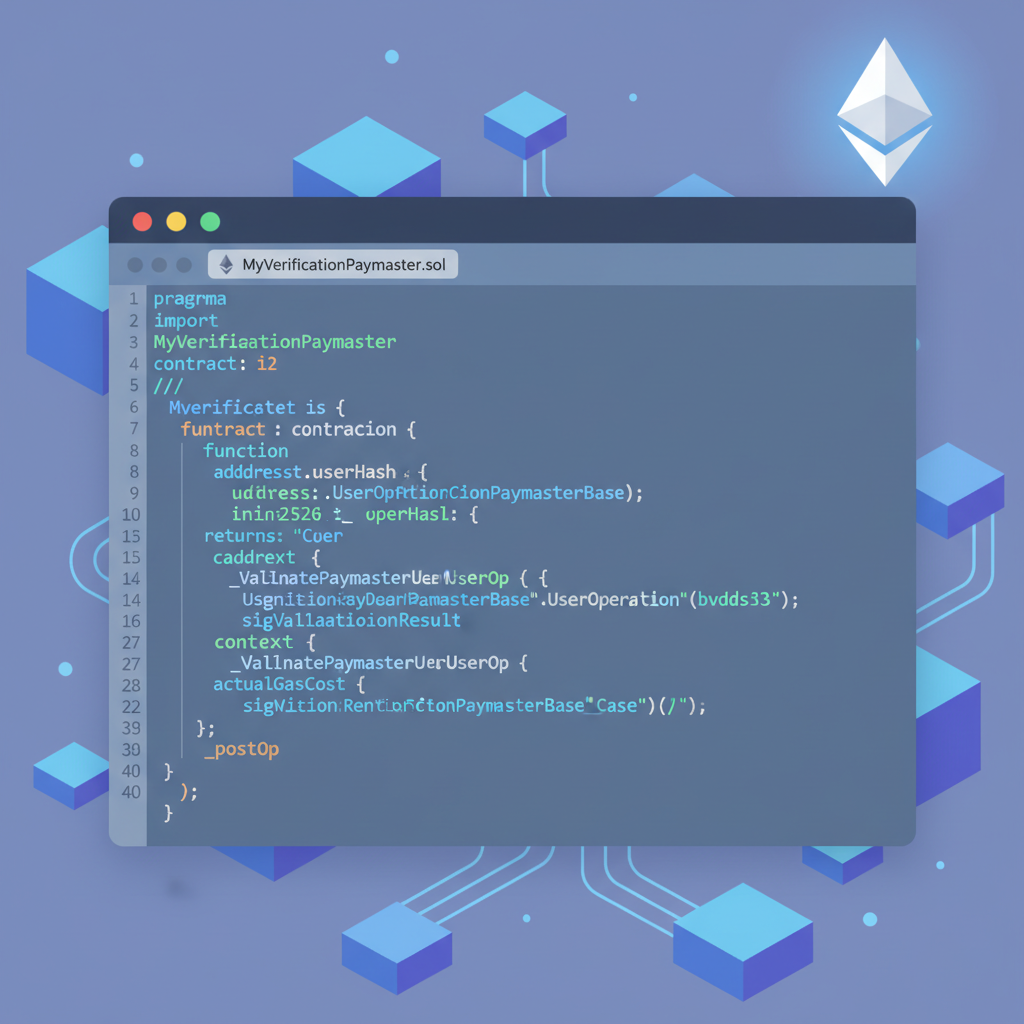 Solidity code snippet inheriting VerificationPaymasterBase contract, Ethereum blockchain theme, clean code editor interface