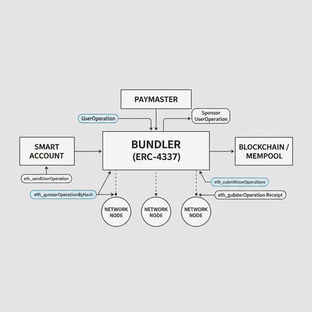 Integration diagram of paymaster with ERC-4337 bundler, network nodes connecting, API endpoints highlighted