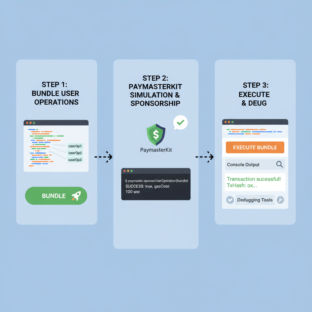 Testing ERC-4337 UserOp bundles with PaymasterKit, console output success, debugging tools interface