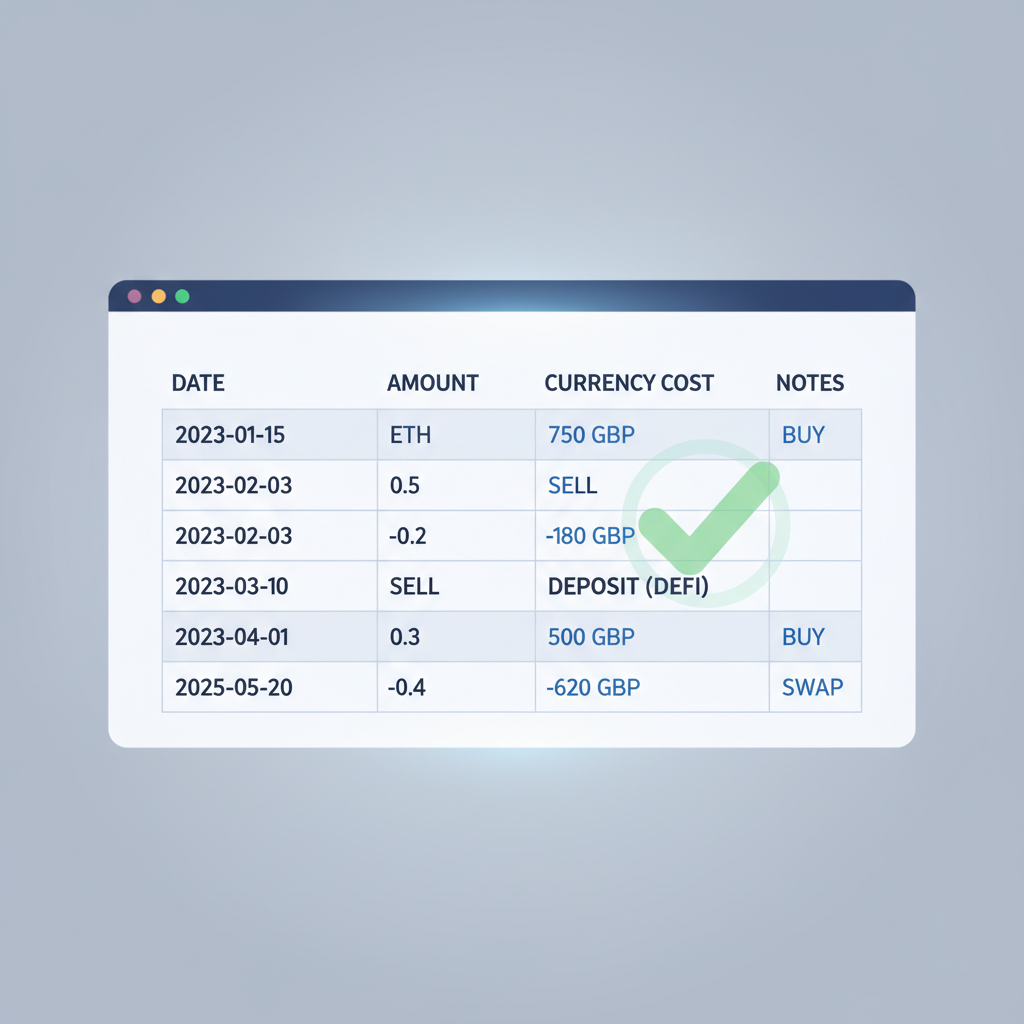 Clean spreadsheet showing crypto transaction history with dates, ETH amounts, GBP costs, and DeFi deposit noted