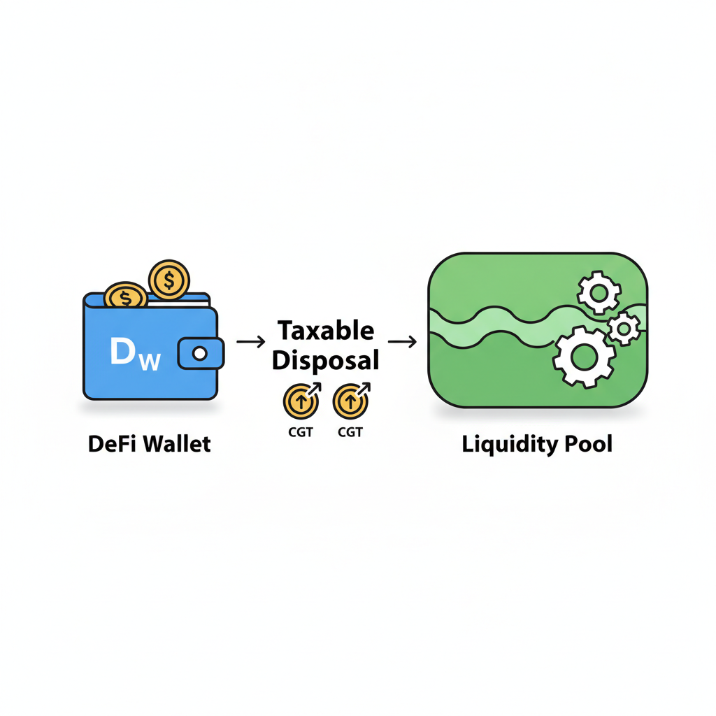 Diagram of DeFi wallet to liquidity pool deposit arrow labeled 'Taxable Disposal' with CGT icons