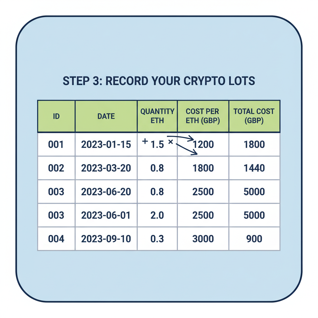 Table of crypto lots with columns for ID, date, quantity ETH, cost per ETH GBP, total cost GBP