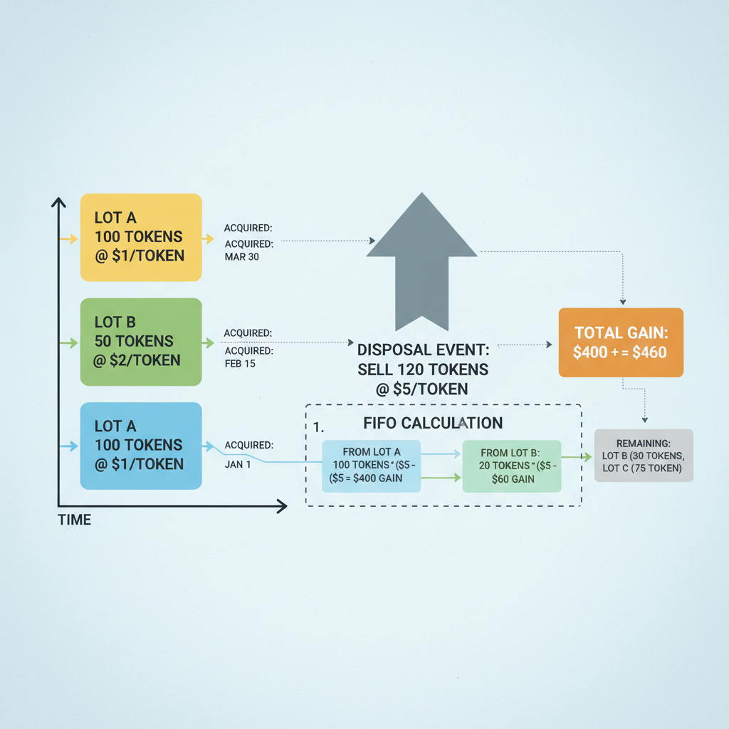 FIFO timeline graphic: early lots depleted first for DeFi disposal, with gain calculations