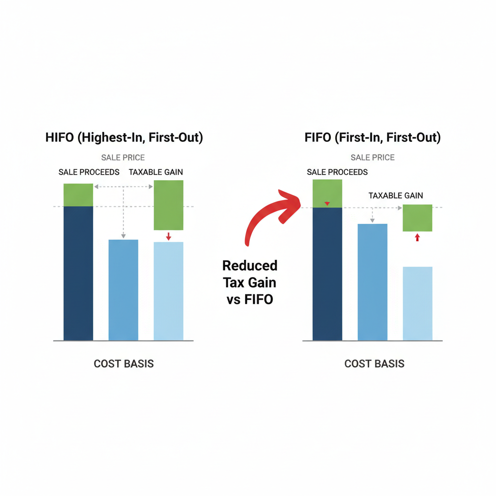 HIFO bar chart: tallest cost bars matched first, showing reduced tax gain vs FIFO