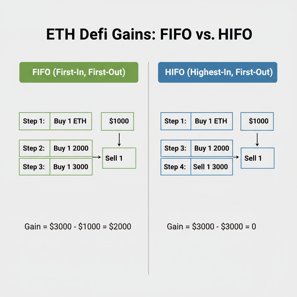 Side-by-side comparison chart FIFO vs HIFO gains for ETH DeFi example