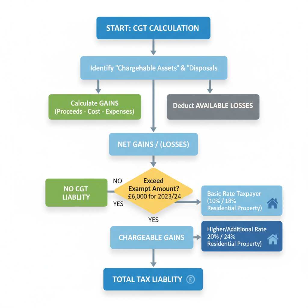 CGT calculation flowchart: gains minus allowance to tax liability with UK tax rates