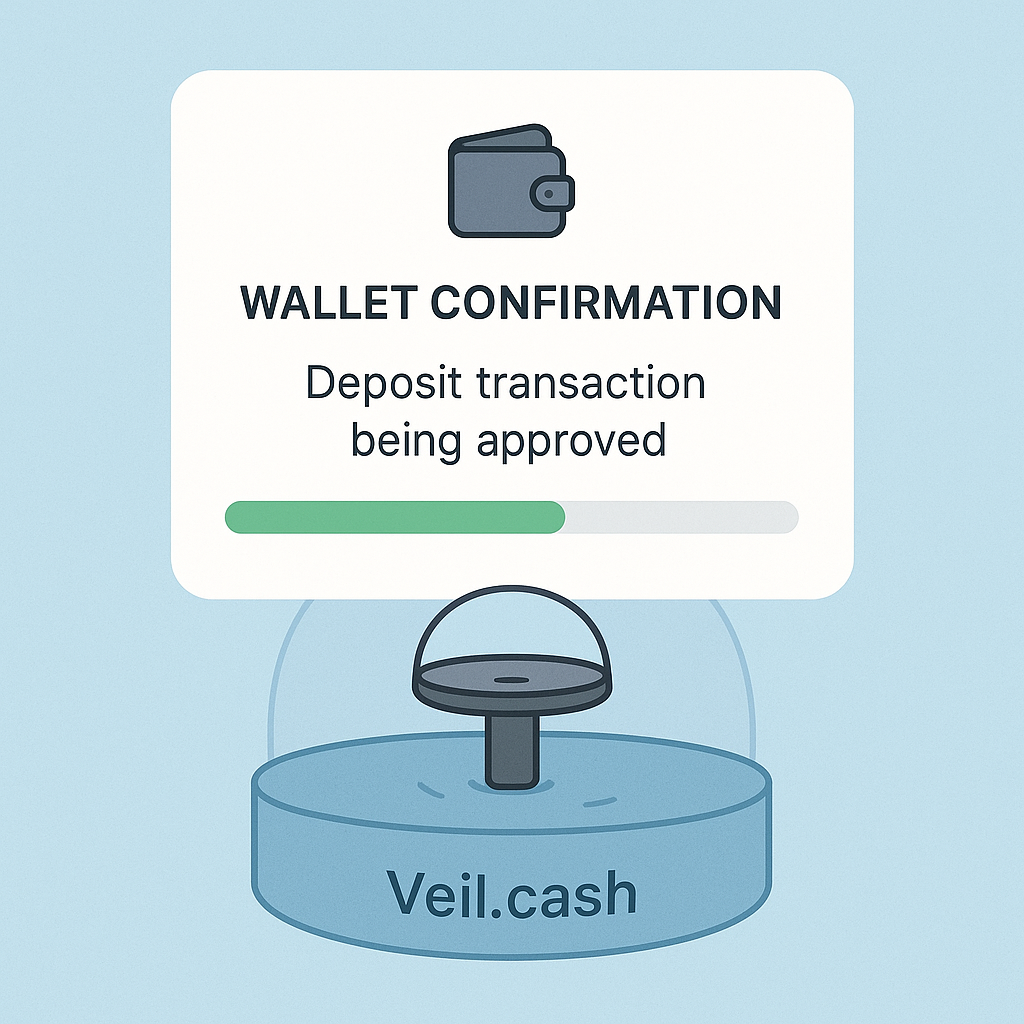 A wallet confirmation screen showing a deposit transaction being approved, with a progress bar and a Veil.cash pool illustration in the background.
