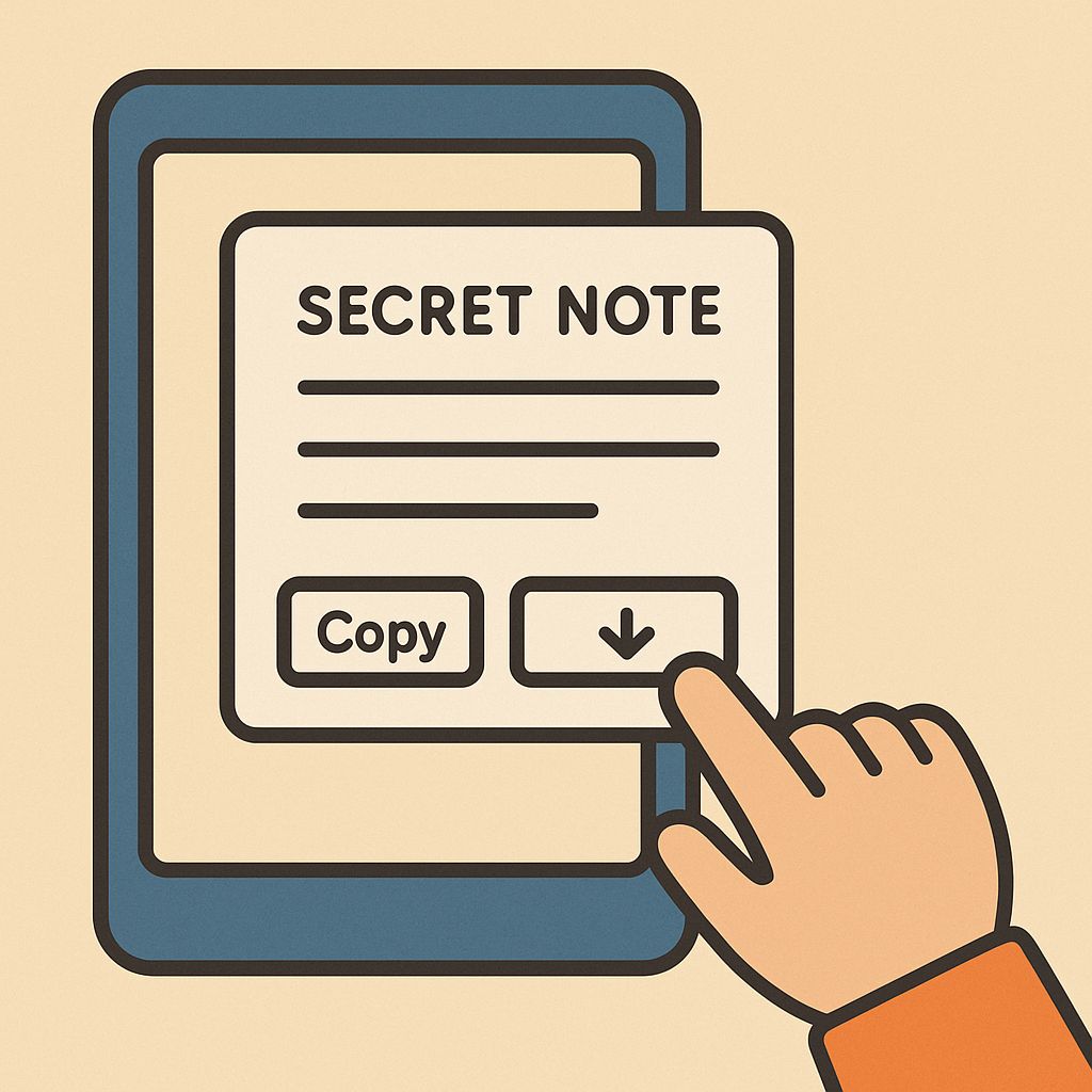 A pop-up window showing a secret note with options to copy or download, and a user saving the note securely on their device.