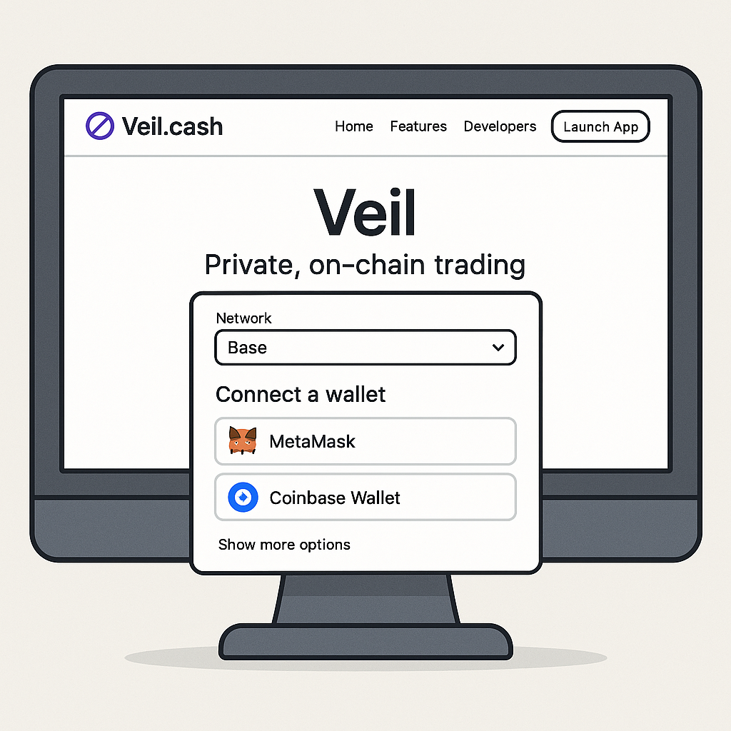 A computer screen displaying the Veil.cash app homepage, with a pop-up showing wallet connection options like MetaMask and Coinbase Wallet, and the Base network selected.
