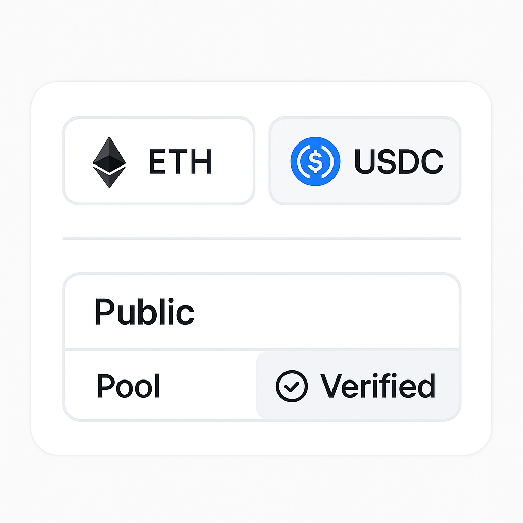 A user interface with options to select between ETH and USDC, and buttons for Public or Verified pool types, with clear icons for each.