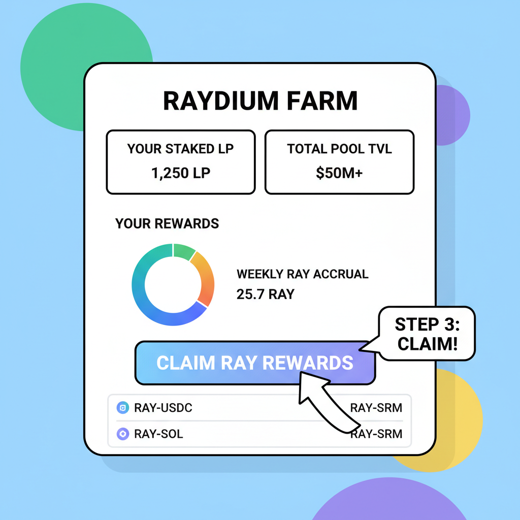 Raydium farm dashboard showing claim RAY rewards button, weekly accrual chart