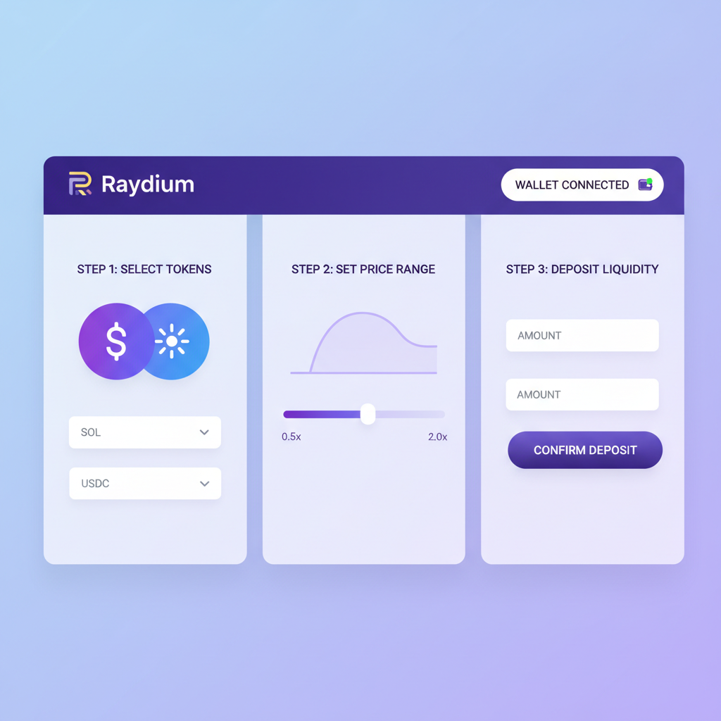 Raydium website CLMM page with connected wallet button, Solana purple theme