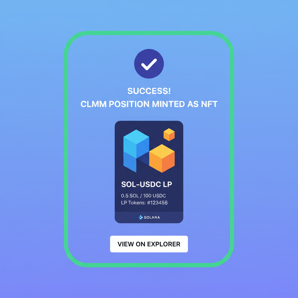 Raydium success screen showing minted CLMM position NFT for SOL LP