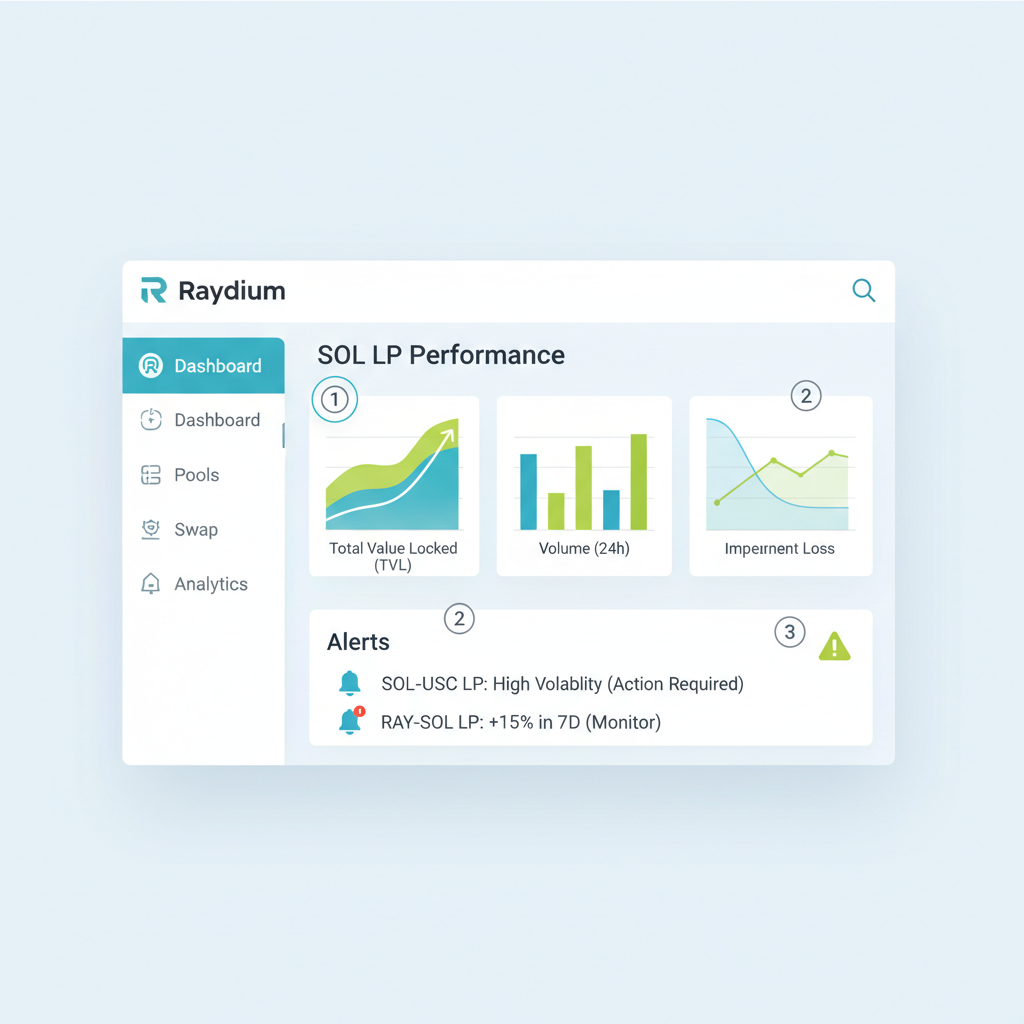 Raydium analytics dashboard with SOL LP performance charts and alerts