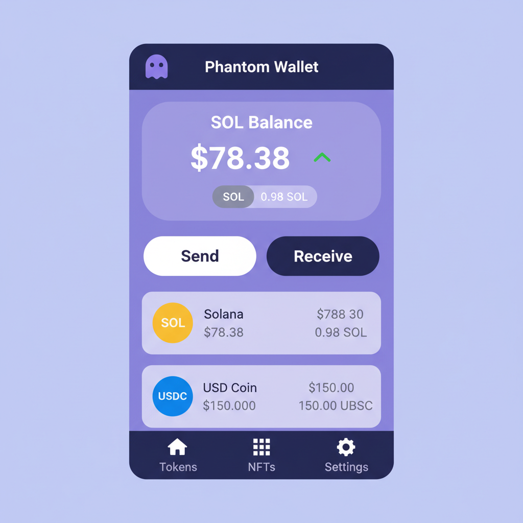 Solana Phantom wallet interface showing SOL balance at $78.38 and USDC, clean UI screenshot style