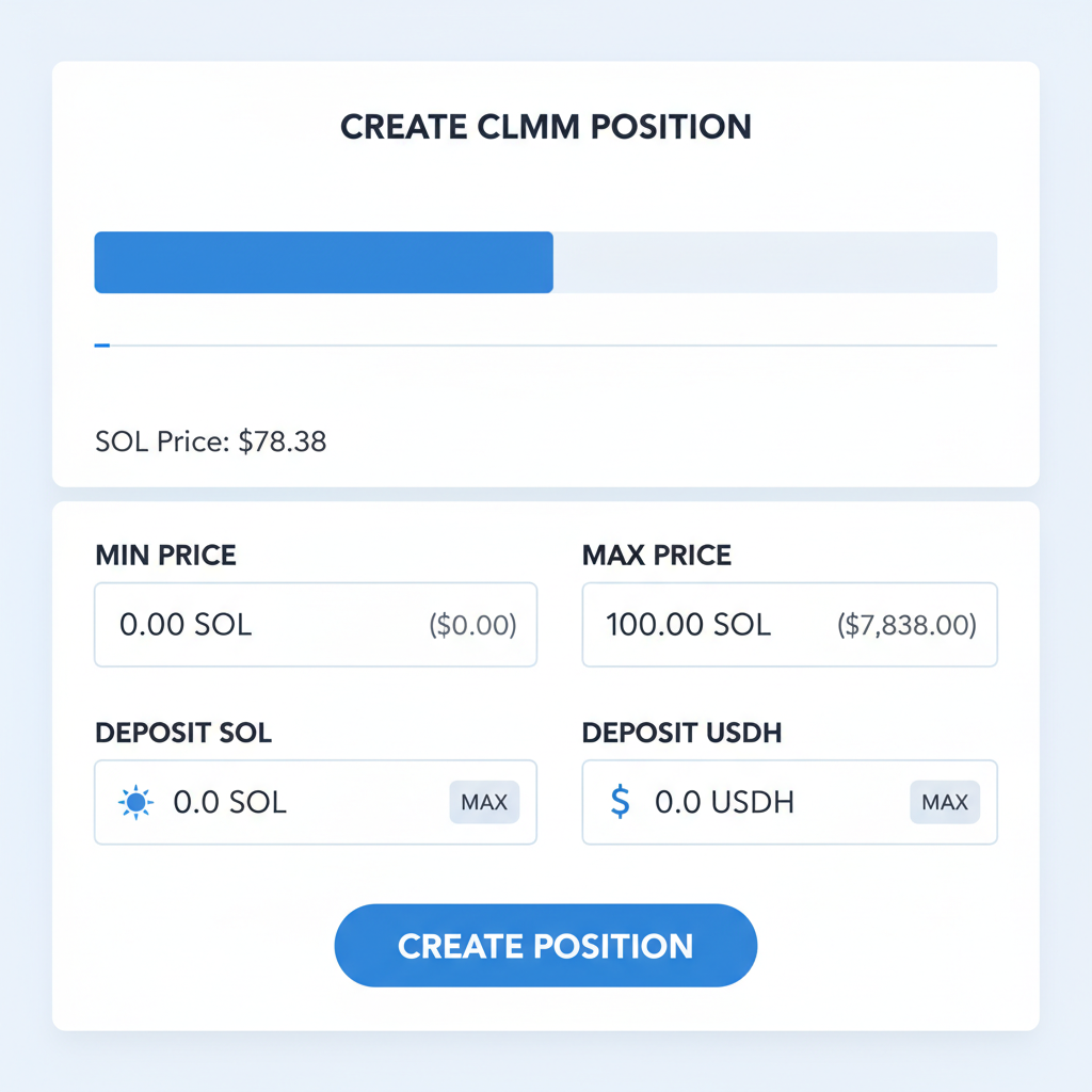 Raydium CLMM create position screen with price range chart, SOL at $78.38, input fields