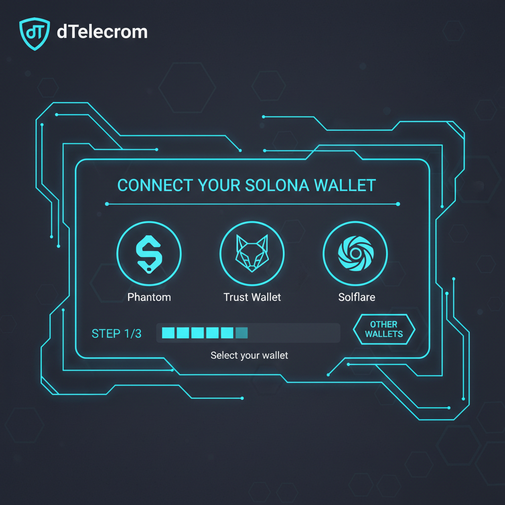 Solana wallet connection screen on dTelecom dashboard, futuristic UI, neon blues, crypto vibe