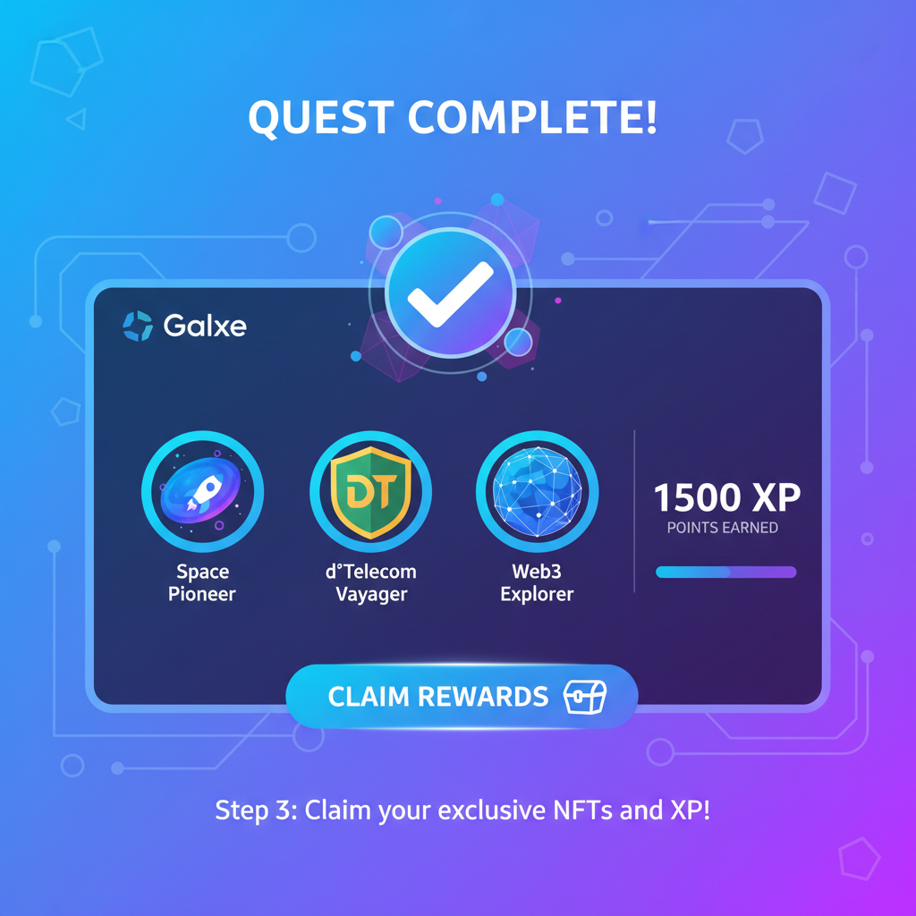 Galxe quest completion screen for dTelecom, NFT badges, points counter, vibrant web3 graphics