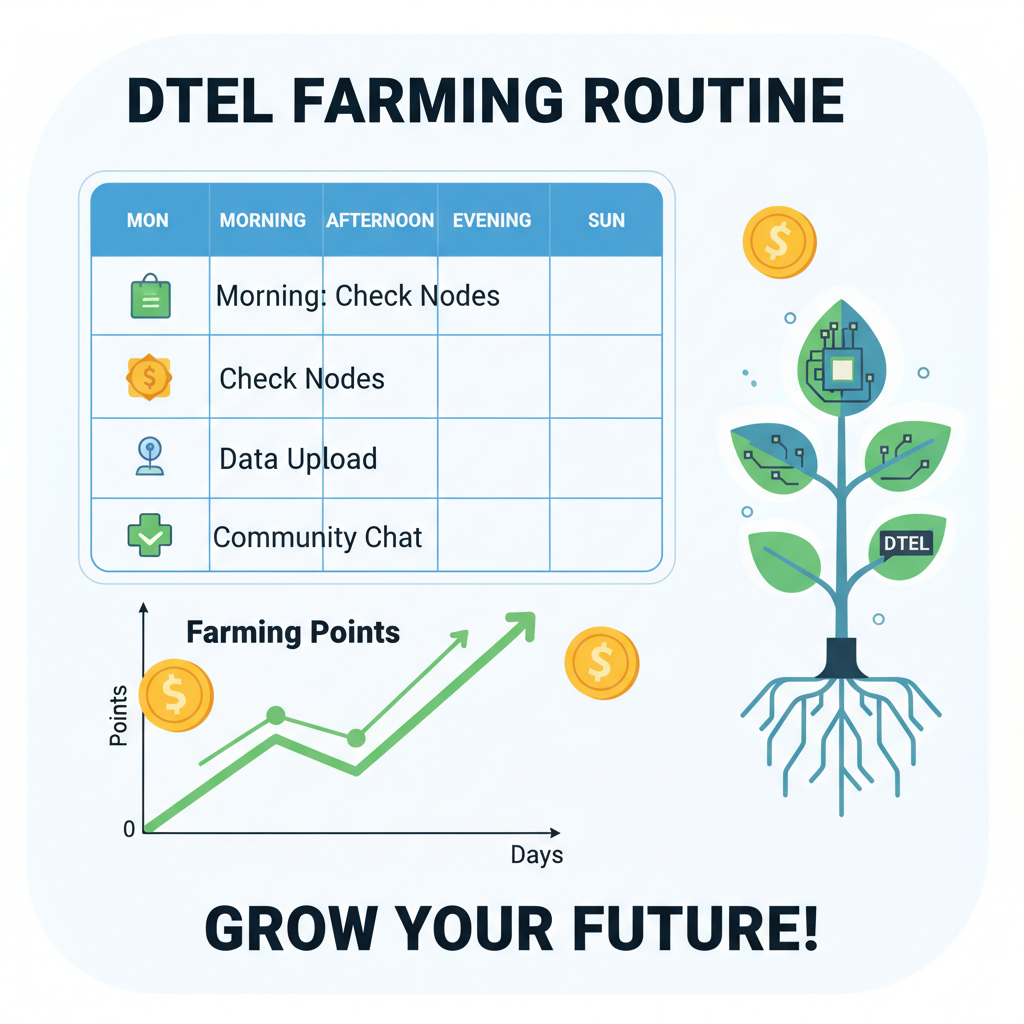 Daily routine calendar for dTelecom farming, points graph rising, $DTEL tokens, motivational crypto art