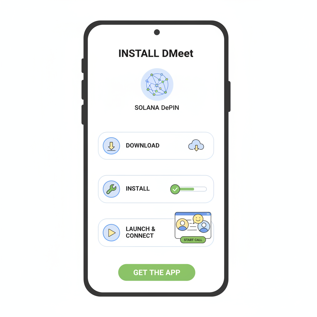 dMeet app install screen on mobile, Solana DePIN logo, video call interface, clean modern design
