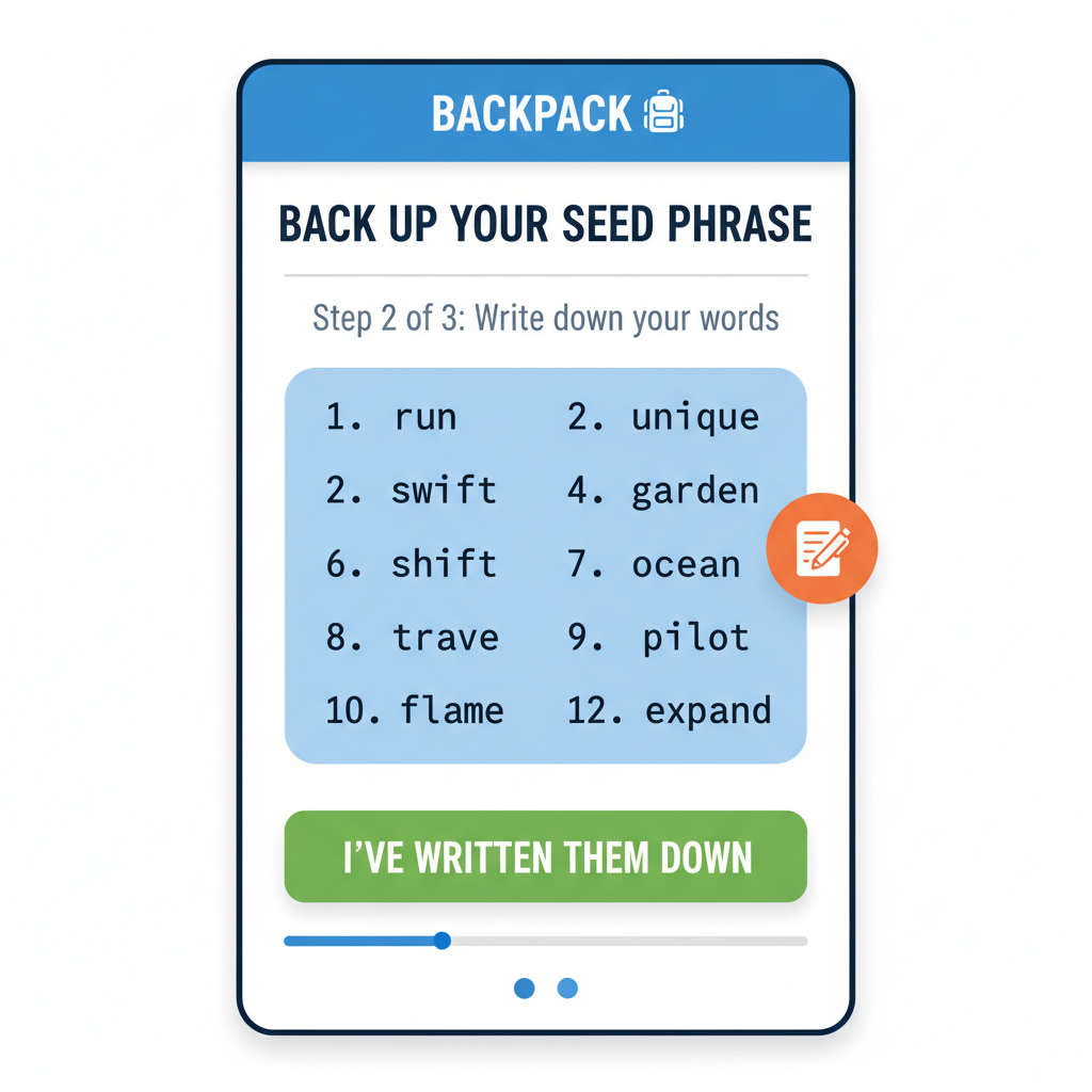 Mobile app interface for creating Solana wallet in Backpack, seed phrase backup screen