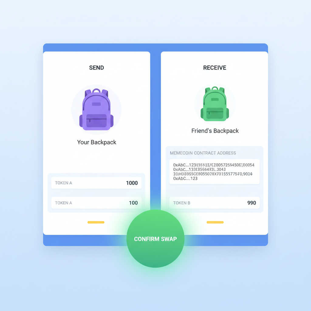 Backpack swap interface with memecoin contract pasted, confirm button glowing