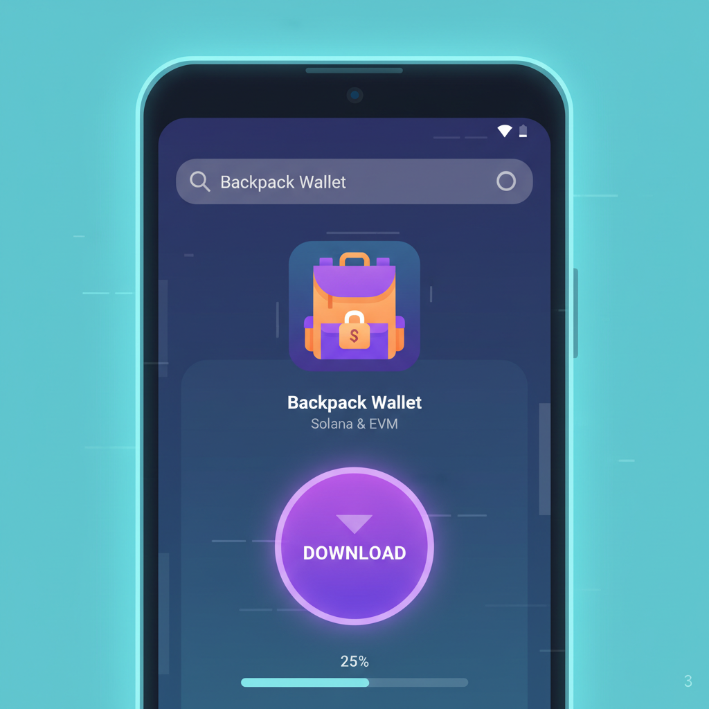 Solana Saga phone screen showing Backpack Wallet app download from store, futuristic crypto UI