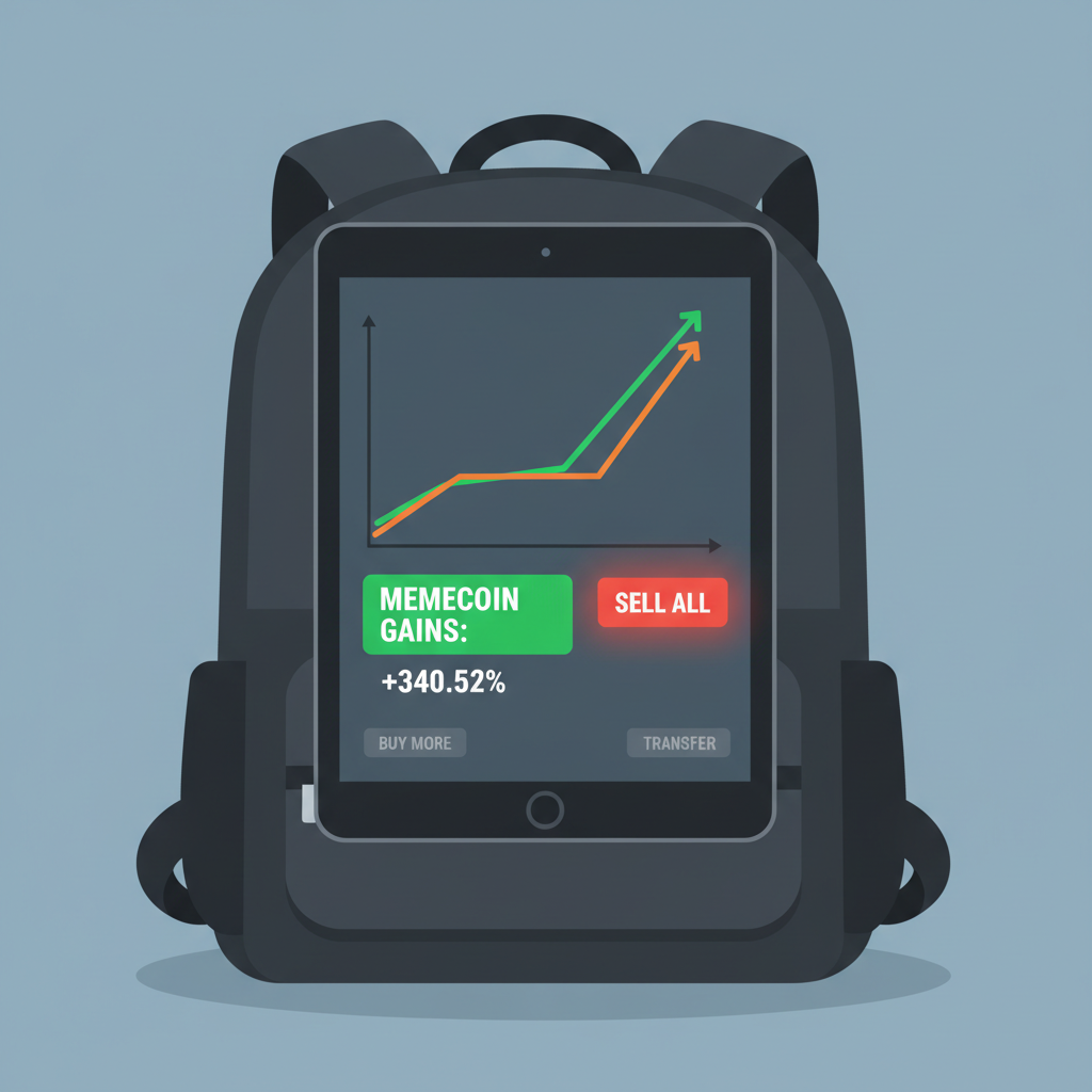 Backpack portfolio screen with memecoin gains chart, sell button active