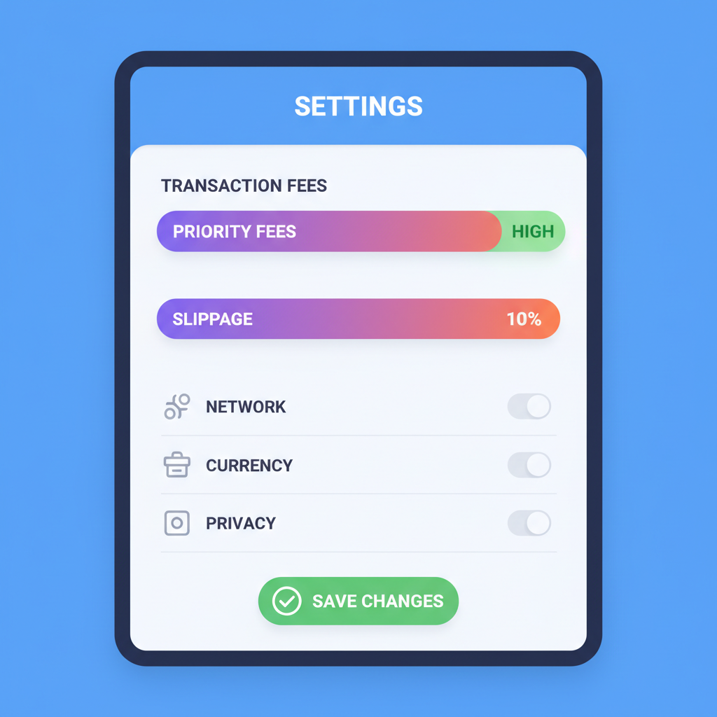 Backpack wallet settings menu with priority fees and slippage sliders adjusted high