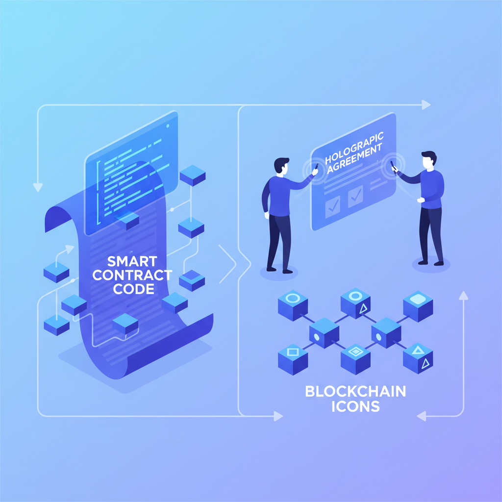 smart contract code on digital ledger, traders signing holographic agreement, blockchain icons