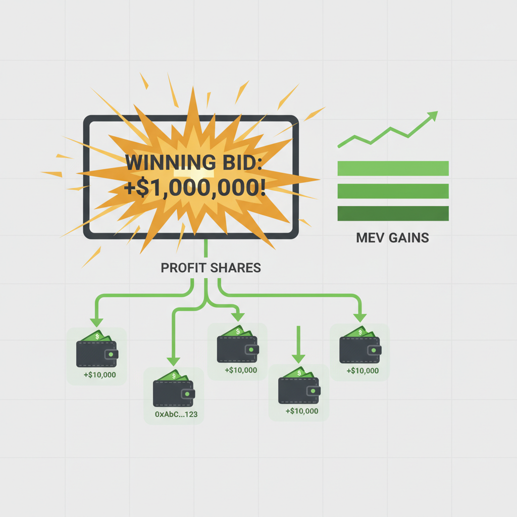 winning auction bid exploding on screen, profit shares distributing to wallets, green MEV charts